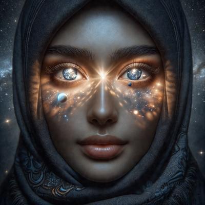 The primary subject of the image is a woman with a headscarf, who is wearing a blue and white dress. She is looking up at the sky, which serves as the setting for the scene. The visual style of the image is digital art, as it is a detailed and intricate representation of the woman. The colors and mood of the image are predominantly blue and white, creating a serene and peaceful atmosphere.